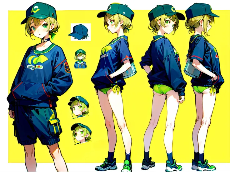 ((Masterpiece, Highest quality)), Detailed face, character sheets, full body, Full of details, Multiple poses and expressions, front view,side view,backview, character sheet,Highly detailed, Depth, Many parts，Sci-fi female anime character wearing baseball ...