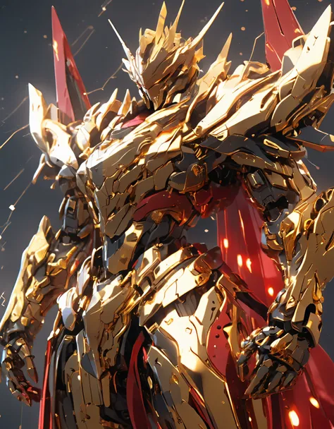 An abstract background of melting liquid with a metallic sheen, gold and grey colors, reflective studio light, Red + gold scifi mech suit, intricate detail, artstation, Japna Gundam, full body image, nreal Engine, DOF, Super-Resolution, Megapixel, Cinemati...