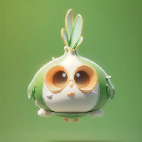 Bubble Mart style，whole body，A whole body light color、A cute little bird with a garlic body，The four feathers on the top of the head are green garlic sprouts，big eyes，Orange little mouth，Light-colored body，Small wings and short legs，Rounded body，Unique cha...