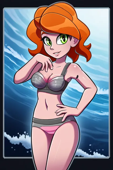 A teenage girl with an extra large chest, wavy orange hair, soft waves, long, her green eyes, and she wears a pink striped bra with a silver line, her metallic pink panties, and wearing a protective base arm and legs, a gray robotic boot, space. 