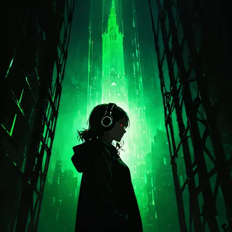 tower focus，a big iron tower,1girl, Standing at the top of the tower,solo,(from below:1.5), headphones, hoodie, silhouette, green theme, low saturation,silhouette，darkness，(Background with rich lines:1.8)，abstract background, detail glow red eyes, (looking...