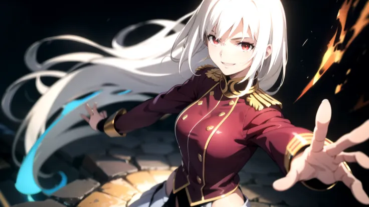 red uniform, smiling, dynamic pose, fantasy landscape, vibrant colors, magical glow,  digitally painted, anime style, high resolution, realistic rendering, white hair, early twienties, red eyes, realistic