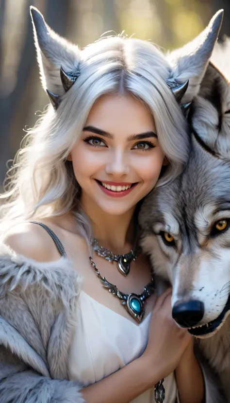 Beautiful 8K Ultra HD professional photos, Sharp focus, In a stunning fantasy world, A cute silver-haired girl，There are real demon horns and a mysterious 1 giant wolf, A joyful smile, In bright natural light