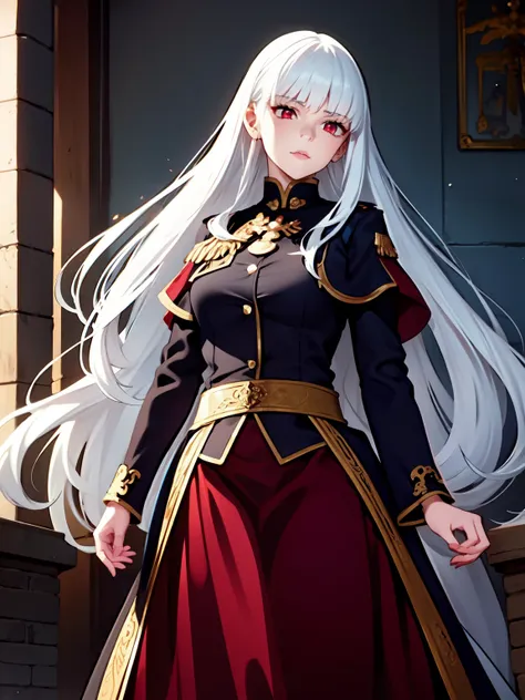 woman standing on a throne, ((white hair)), long wavy hair, ((crimson red eyes)), rebel attitude, royal bloodline, slightly form...