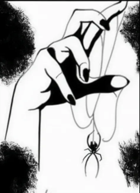 close-up of a man, holding a spider on a rope, inspired Bill Ward, Shinoda Toko, Ib Eisner, Guido Crepax, long spider legs, style of Guido Crepax, arachnophobia, Jack Bowl, inspired by Alex Toth, Bill Ward, Arachne, spider woman, illustration, spider woman...