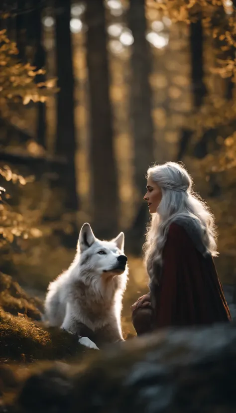 Beautiful 8K Ultra HD professional photos, Sharp focus, In a stunning fantasy world, A cute silver-haired girl，There are real demon horns and a mysterious 1 giant wolf, A joyful smile, In bright natural light