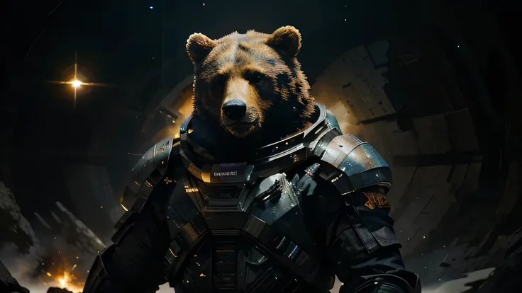 A bear as a space commander, astronaut bear, exploring the galaxy, futuristic spacesuit, high-tech helmet, floating in zero gravity, commanding a spaceship with precision, surrounded by twinkling stars and distant planets, majestic cosmic view, vibrant and...