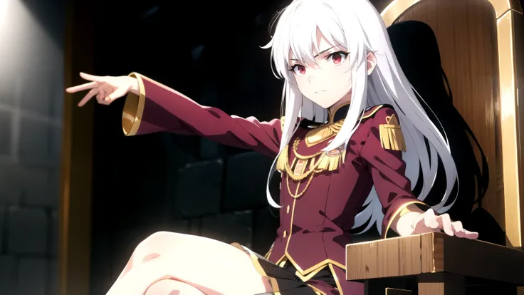 red uniform, dynamic pose, vibrant colors, magical glow, anime style, high resolution, realistic rendering, white hair, early twienties, red eyes, realistic, sitting on a throne inside the throne room, cute girl, mid sized chest,