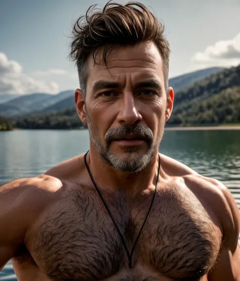 masterpiece, best quality, high resolution, closeup portrait, male focus, solo focus, A man, 50 years old, daddy, unbuttoned undone open clothes, visible bulge in oants, silver grey hair, messy hairstyle, cute and seductive face, bare chest, body hair, fac...