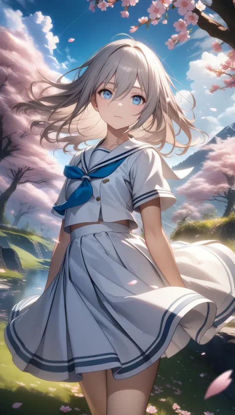 32k, best quality, ultra high res, HDR, UHD, extremely detailed CG, unity 32k wallpaper, solo, hair between eyes, blue eyes, closed mouth, standing, flower, outdoors, sky, cloud, tree, petals, floating hair, cherry blossoms, pink flower, (white sailor suit...