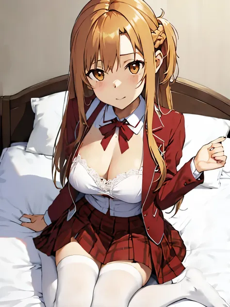 Asuna Yuki(Sword Art Online), dynamic angle, long bronze hair,Braid,brown eyes,fine eyes,big chest line,roll forward,armature,chest flap,long sleeve white shirt,removed sleeve,red and white skirt,pleated skirt,lively,Her thin legs are so cute.,very beautif...