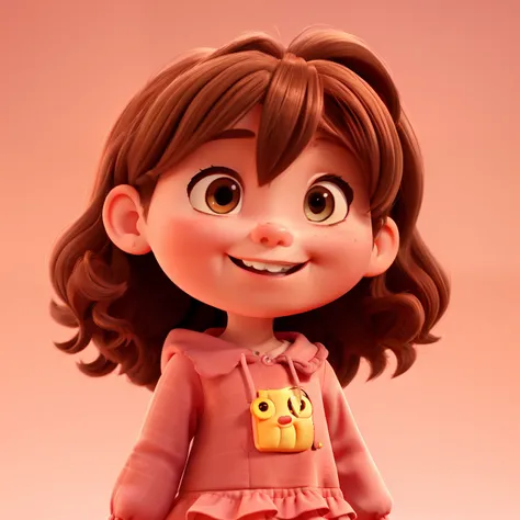 Make a baby girl in 3D pixar style with light brown hair, pink cheeks with a hollow on the right side and a big smile with three teeth at the bottom of her mouth. Wearing a red dress with long sleeves and cherry appliqués