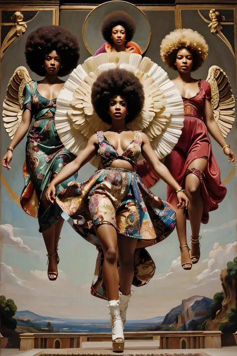 Highly detailed Sistine Chapel style painting of contemporary urban dressed Afro men and women with Afro angels floating above them