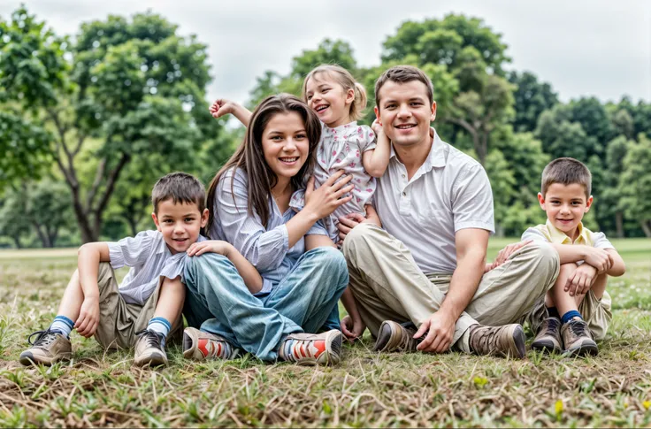 Family of five, Slavic appearance, joy, Goodness, сидят на траве In the park, portrait shot, warm and joyful atmosphere, having a great time, powerful part, life style, In the park, adult