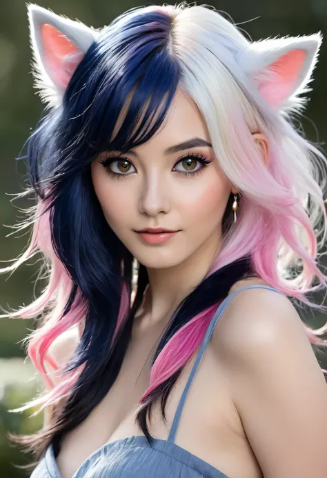 (Black hair cascades down in soft waves, held back by hair bobbles, complementing the long longeyelashes that frame her beautifully solid circle eyes. Her expression is a gentle wince, revealing a light smile and a faint blush on her ears. Her solid circle...