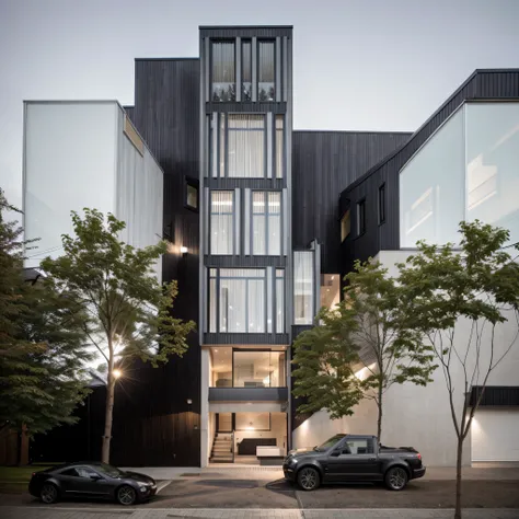 modern style house exterior, modern, glass doors and windows, black metal rails, conwood ceiling, masterpiece, high quality, photo real, canon eos 5D mark, natural light, Night perspective, electric lights stand out