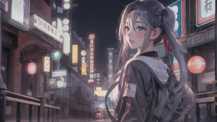 masterpiece, highest quality, Fu Tao V4, 1 girl, alone, blush, twin tails, long hair, hair between eyes, ((streetwear)), city, outdoor, night, movie poster, Highly detailed 8K, Smooth, High resolution, super high quality, cinematic lighting, ambient occlus...