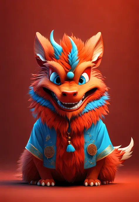 3d rendering, realistic fur, red wallpaper, simple modern style, beautiful wallpaper,portrait，（cute anthropomorphic zodiac drago...