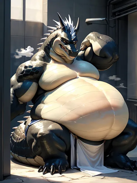 A very obese, pitch black dragon、Pitch black abdomen、Scales all over the body like a crocodile、big anime style eyes、high quality face、Spiky silver mane、A body covered with a lot of fat、Sitting pose with both legs forward、Abnormally obese head、Fatty cheeks、...