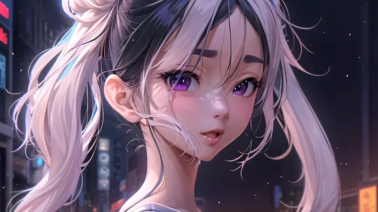 masterpiece, highest quality, Fu Tao V4, 1 girl, alone, blush, twin tails, long hair, hair between eyes, ((streetwear)), city, outdoor, night, movie poster, Highly detailed 8K, Smooth, High resolution, super high quality, cinematic lighting, ambient occlus...