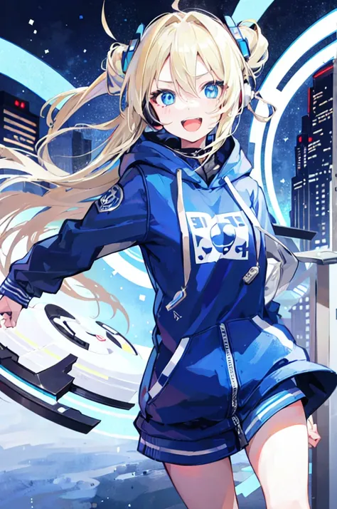 (best image quality), 1 girl, hoodie, hood, 2 2D, anime, night, city, masterpiece, headphone, light blue eye, blonde, beautiful eye, rich expressive power, big smile, close ~ eye, Has a shield