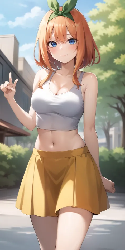 2D, masterpiece, highest quality, anime, very detailed, 1 girl, alone, cowboy shot, Nakano Yotsuba, orange hair, hair ribbon, crop top, cleavage , mini skirt, medium breasts, Are standing, , outdoor, smile