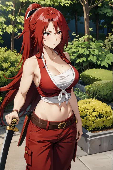 masterpiece, best quality, highres, fairy tail, 1girl, long hair, red hair, ponytail, white ribbon, hair over one eye, brown eyes, large breasts, collarbone, chest sarashi, bandage, bare arms, midriff, red hakama, red pants, standing, holding weapon, sword...