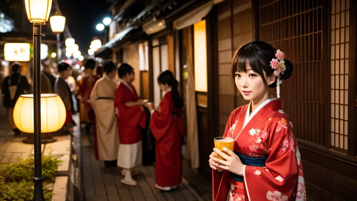 Japanese drinking district、Many red lanterns、Woman in Kimono