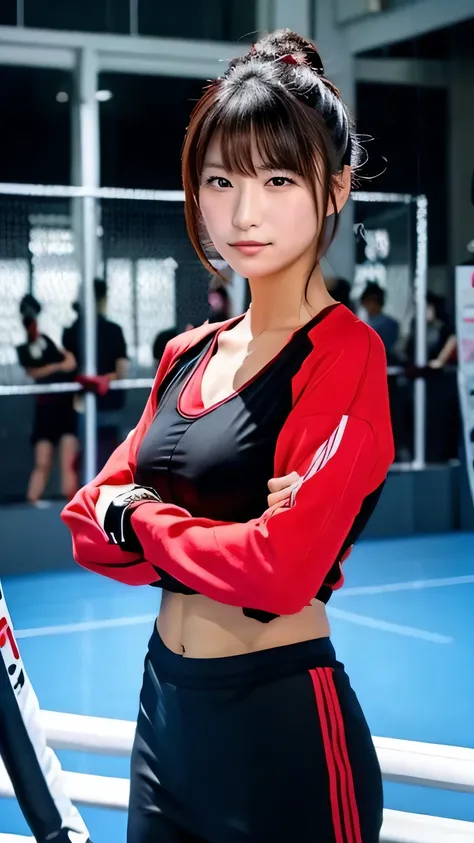 japanese sexy female Mixed Martial Arts red and black sportswear Fighter waiting to start 
