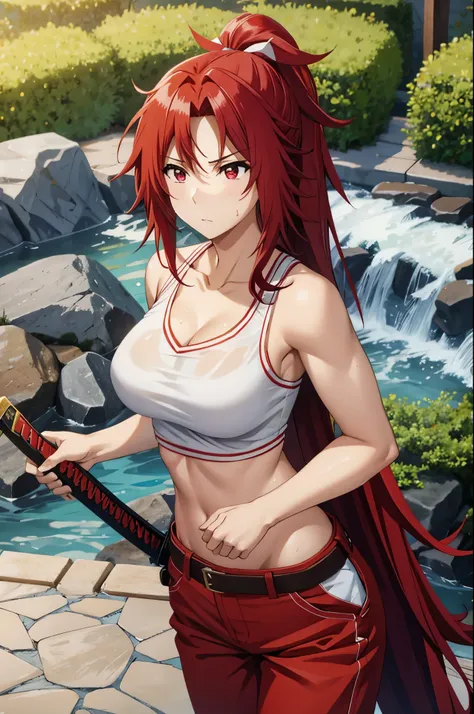 masterpiece, best quality, highres, fairy tail, 1girl, long hair, red hair, ponytail, white ribbon, hair over one eye,red eyes, large breasts, collarbone, chest sarashi, bandage, bare arms, midriff, red hakama, red pants, standing, holding weapon, sword, k...