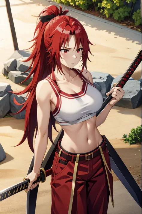 masterpiece, best quality, highres, fairy tail, 1girl, long hair, red hair, ponytail, white ribbon, hair over one eye,red eyes, large breasts, collarbone, chest sarashi, bandage, bare arms, midriff, red hakama, red pants, standing, holding weapon, sword, k...