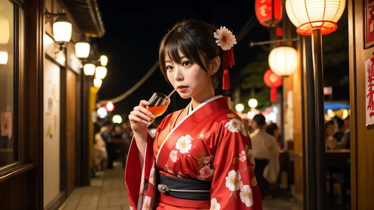 Japanese drinking district、Many red lanterns、Woman in Kimono