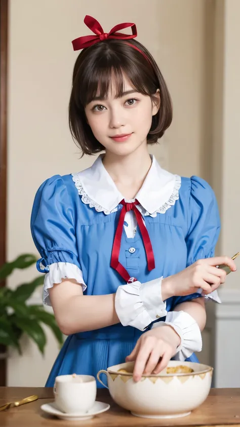 188 (alice in wonderland), (wearing a large ribbon on your head,,,,), short hair, young woman, gentle smile