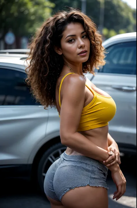 a colombian mature curly haired busty lady standing in the middle of traffic looking up at the solar eclipse dressed in ripped b...