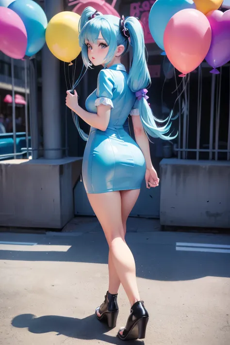 15old girl, ((I have a lot of balloons)) , real photos, (((full body))), (look back at me), long twin tails, (Light Blue Leather Dress), cyber punk , ((sunlight))、butt、anime cute girl、Theme park background、ideal style