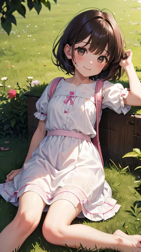 masterpiece, highest quality, High resolution, very detailed, detailed background, cinematic lighting, 1 girl,11 years old, looking at the viewer, barefoot, dress,lying down, short sleeve, looking at the viewer, Grass, short hair, smile, dark brown hair, p...