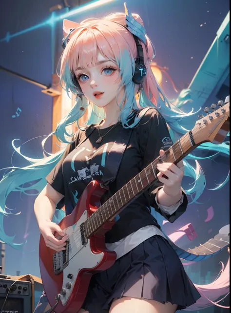 ((masterpiece, best quality))1 girl, alone, black skirt, blue eyes, electric Guitar, Guitar, earphone, Double tail辮, Keep, Keep plectrum, musical instrument, long hair, music, one side up, cyan hair, Double tail, play guitar, pleated skirt, Black shirt, In...