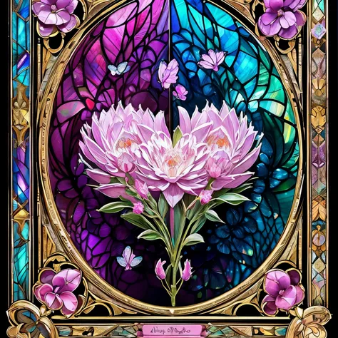 Tricolor, cinematic, official art, Fairytale transparent glass、fantasyで柔らかなダリアの花, ice fog, baroque, broadcast, highly detailed stained glass wings, Amethyst crystals, labradorite iridescent crystal, Andy Kehoe, John Blanche, Complex and detailed background...