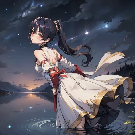 Shaltir bloodfallen, Shaltir costume, ponytail, outdoor, (night, starry sky:1.2), masterpiece, Put your arms behind your back, best quality, 1 girl, whole body, Keep your mouth shut, lake, reflection, outdoor, Official wallpaper