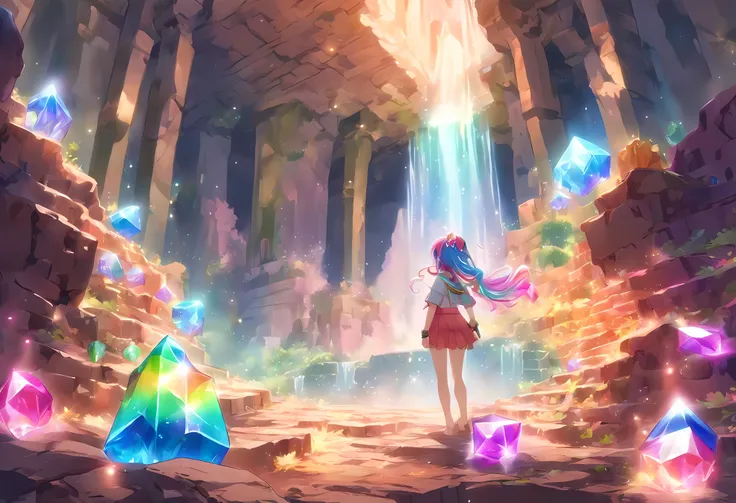 (masterpiece, detailed, highres, underground ruin, underground, cavern, ancient ruins, rainbow crystals, shimmering liquid:1.6), (1girl, rainbow hair, barefoot:1.3) (from behind, looking away from viewer:1.2)