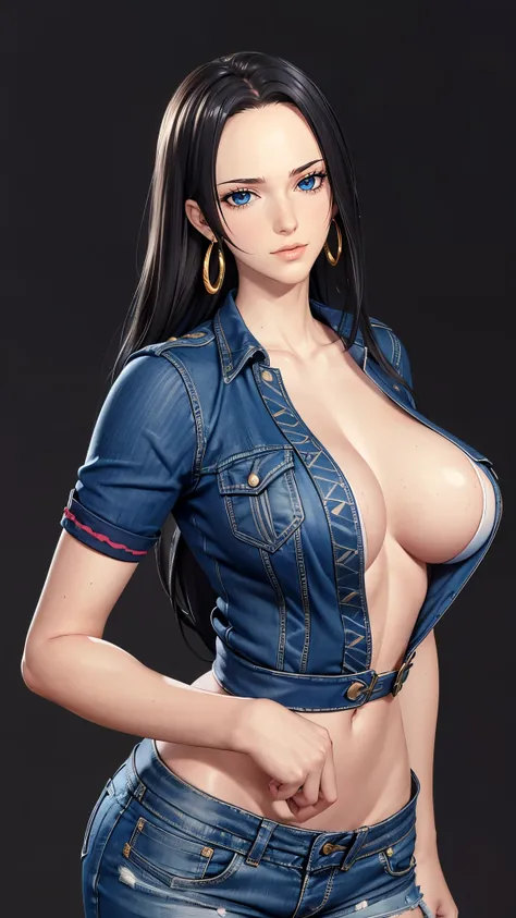 （（（完美figure，figure，black t-shirt, denim jacket, denim shorts, （（（boa hancock，dark long hair, combed with a chiffon hairstyle, sl...