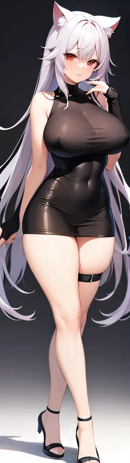 highest quality　High resolution　one young beautiful woman　red eyes　beautiful white hair　medium perm　cute soft girl　Cat ear　The huge breasts of a virgin killer with amazing charm　bbw　open your legs vertically　standing on one leg