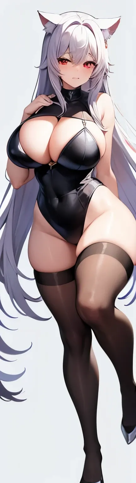 highest quality　High resolution　one young beautiful woman　red eyes　beautiful white hair　medium perm　cute soft girl　Cat ear　The huge breasts of a virgin killer with amazing charm　bbw　open your legs vertically　standing on one leg