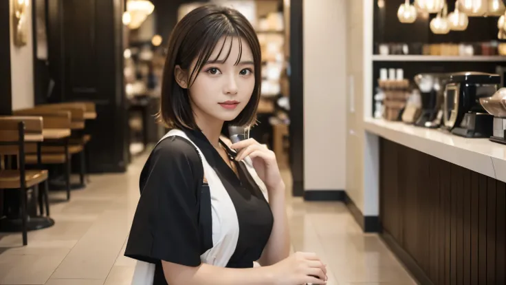 (((Cafe:1.3, Inside the store, Photographed from the front))), ((beauty salon model:1.3,Black and white bicolor dress, japanese woman, cute)), (clean, natural makeup), (highest quality, masterpiece:1.3, 超High resolution), (Super detailed, caustics), (reali...