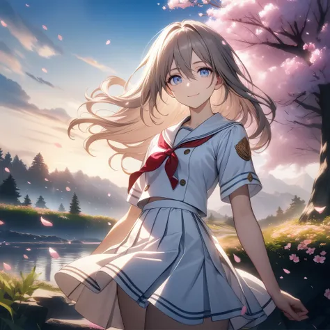 32k, best quality, ultra high res, HDR, UHD, extremely detailed CG, unity 32k wallpaper, solo, hair between eyes, blue eyes, closed mouth, standing, flower, outdoors, sky, cloud, tree, petals, floating hair, cherry blossoms, pink flower, (white sailor suit...