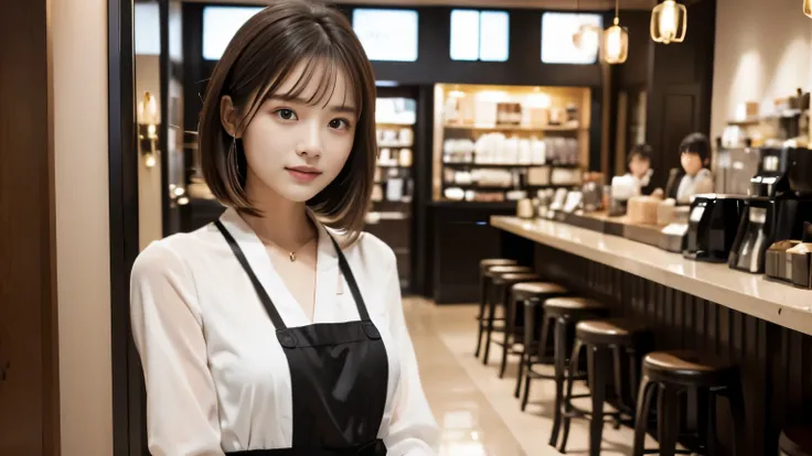 (((Cafe:1.3, Inside the store, Photographed from the front))), ((beauty salon model:1.3,Black and white bicolor dress, japanese woman, cute)), (clean, natural makeup), (highest quality, masterpiece:1.3, 超High resolution), (Super detailed, caustics), (reali...