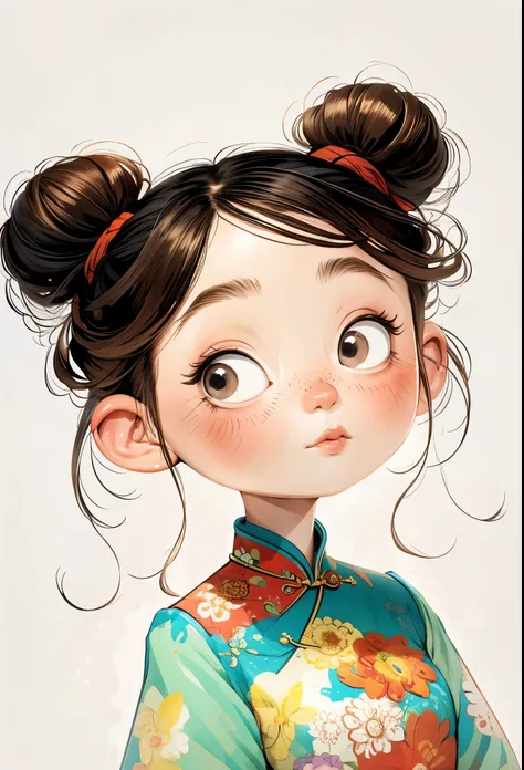 (masterpiece, best quality:1.2), watercolor painting，cartoonish character design。1 girl, alone，big eyes，Cute expression，Two little braids，cheongsam，avatar，portrait，interesting，interesting，clean lines，Human anatomy is correct
