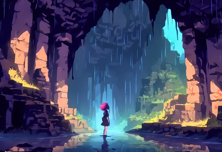 (heavy shadows:2), (masterpiece, detailed, highres, underground ruin, underground, cavern, ancient ruins, sad atmosphere, haze, depressing, rain, wet:1.6), (1girl, rainbow hair, barefoot:1.3) (from behind, looking away from viewer:1.2)