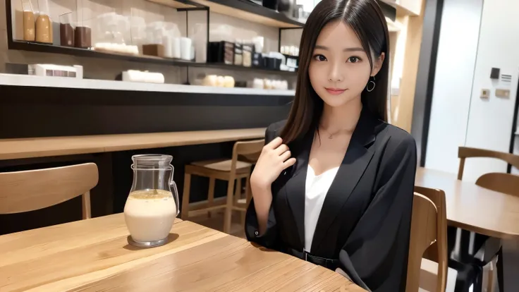 (((Cafe:1.3, Inside the store, Photographed from the front))), ((beauty salon model:1.3,Black and white bicolor dress, japanese woman, cute)), (clean, natural makeup), (highest quality, masterpiece:1.3, 超High resolution), (Super detailed, caustics), (reali...