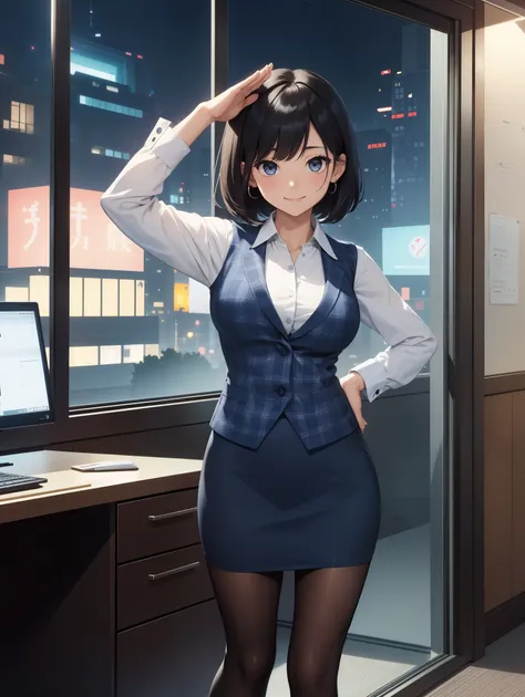 highest quality, debris flies、Beautiful woman、officeレディー、black hair、(black eye、dull bangs)、short hair、チェック柄のダークブルーのofficeスーツ)、new employee,whole bodyショット、Female office lady、break(checkered dark blue vest、white cutter shirt、Navy blue long tight pencil skirt...